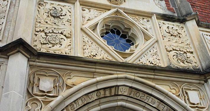 architecture above Flowers Hall front door